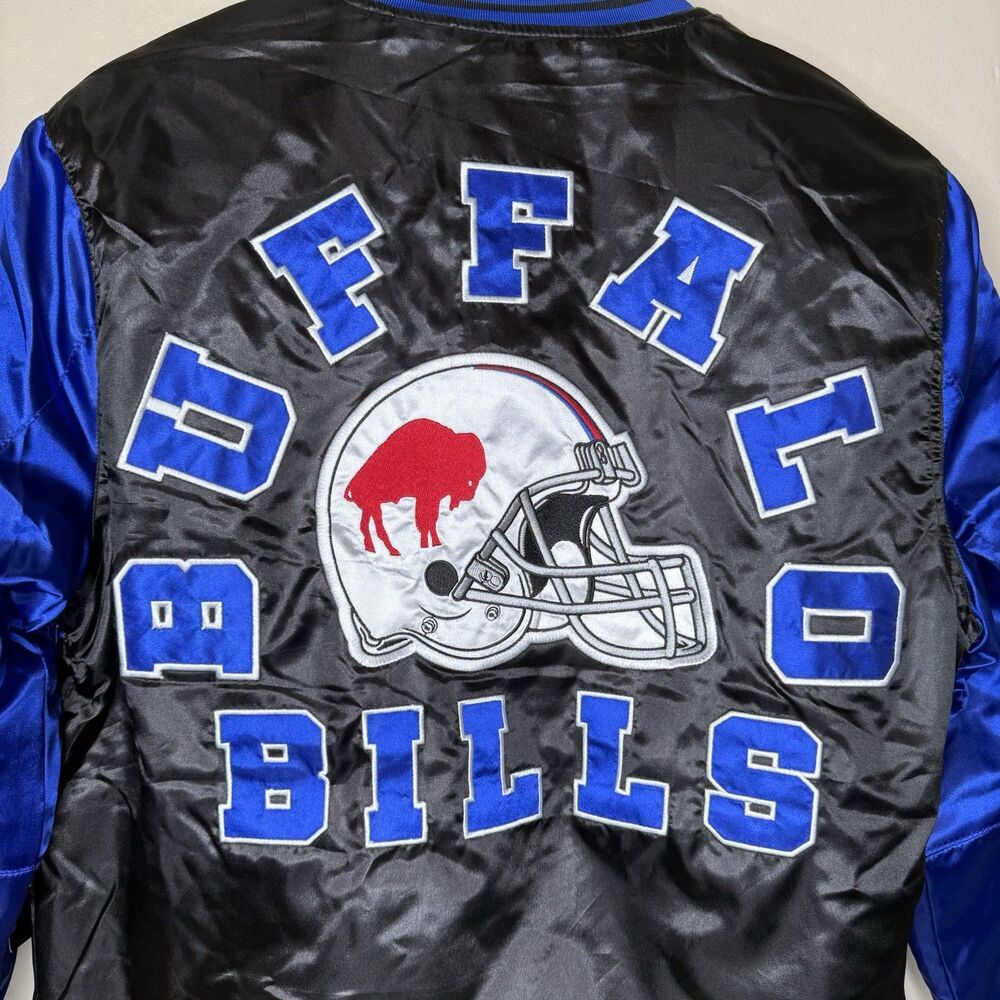 Buffalo Bills Satin Bomber Jacket Mens Small Blue Black Retro Varsity Snap Front - Picture 5 of 10
